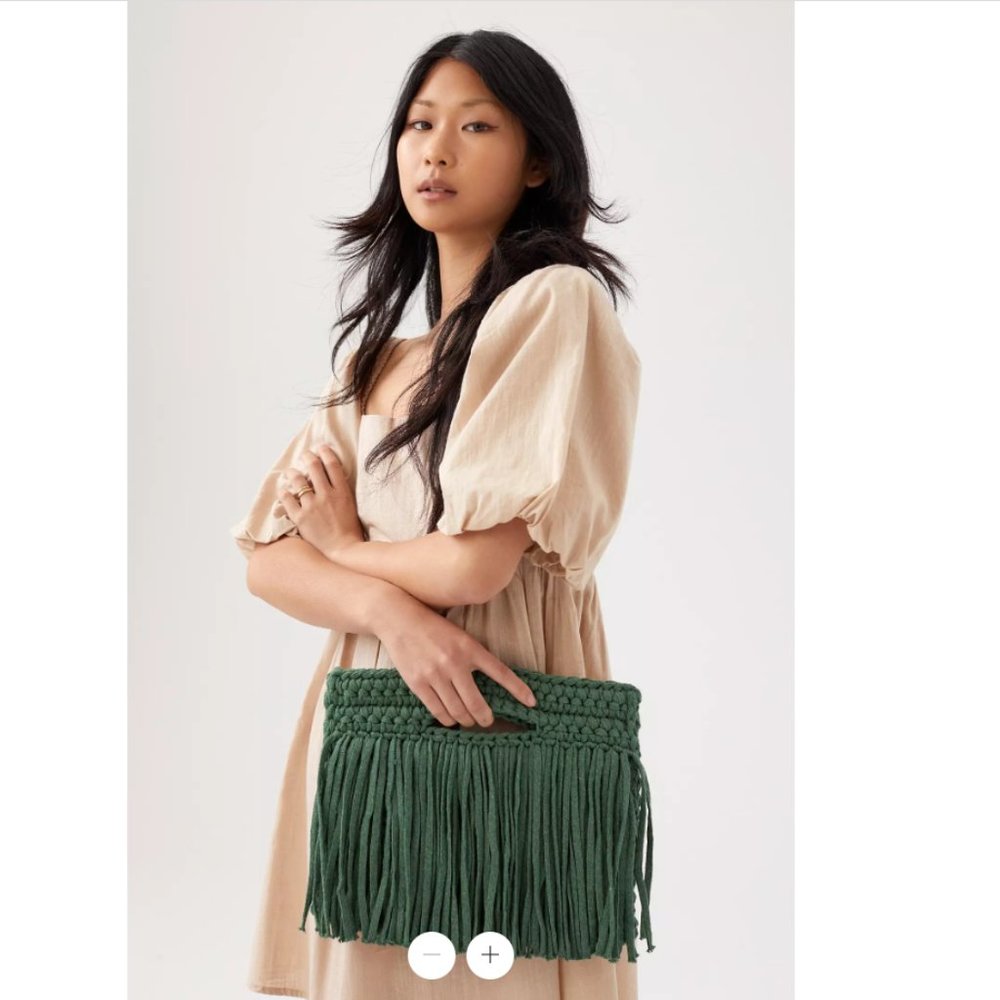 Urban Outfitters Binge Sophia Green Knitting Clutch Bag Fringe Woven Knit Purse